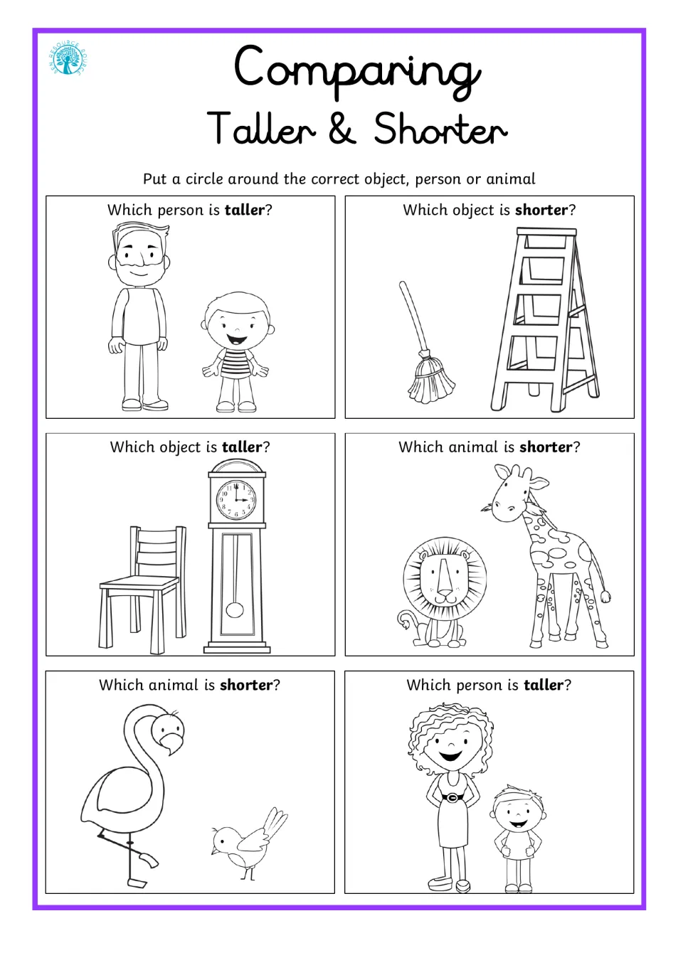 Taller and shorter: students circle the right one in 6 pairs, such as a man and boy, ladder and broom, giraffe and lion