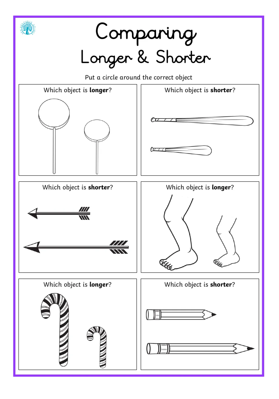 Longer and shorter: students circle the longer or shorter item in pairs of lollipops, bats, arrows and pencils