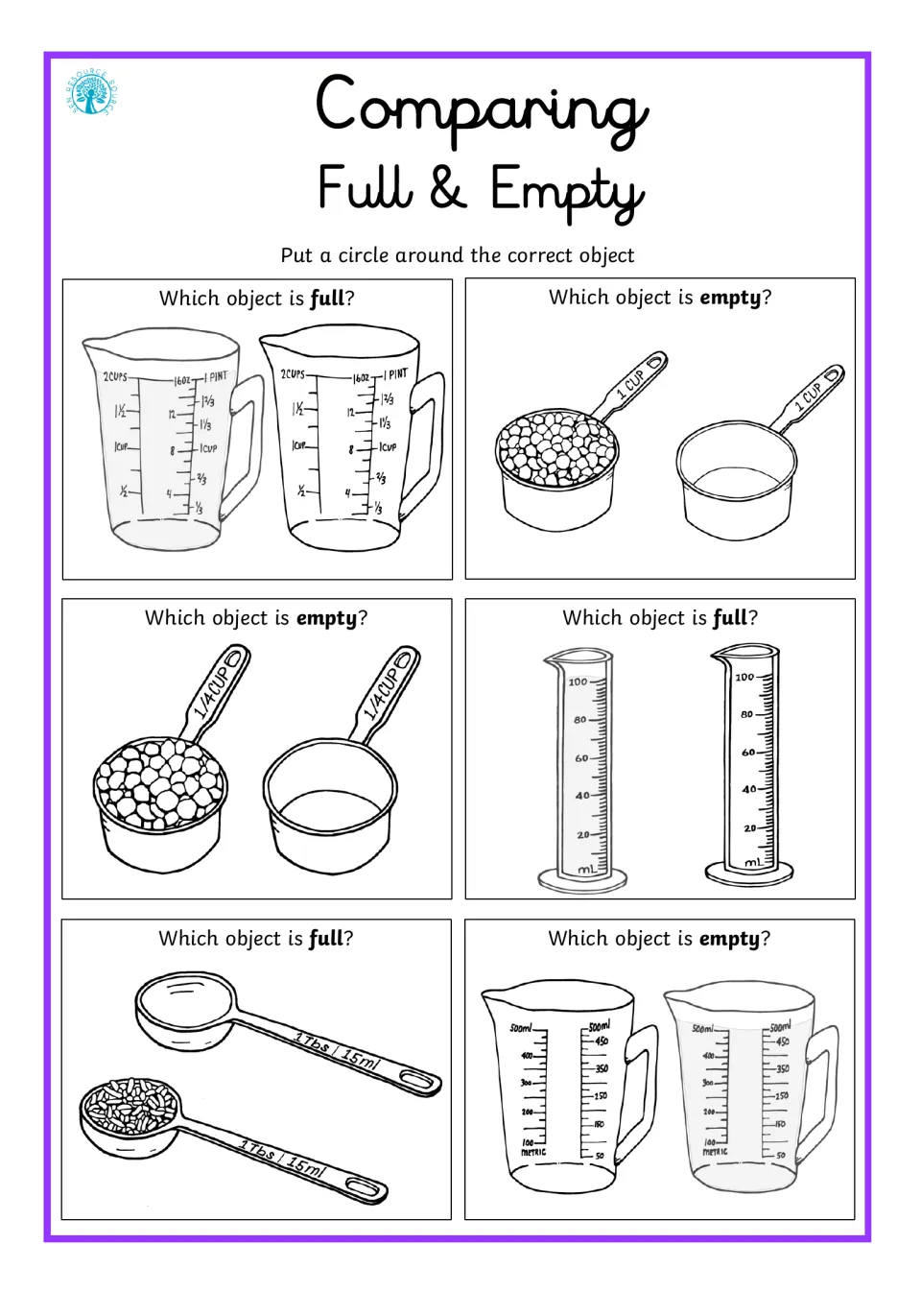 Full and empty: students circle the full or empty one in pairs of measuring jugs, cups, spoons and graduated cylinders