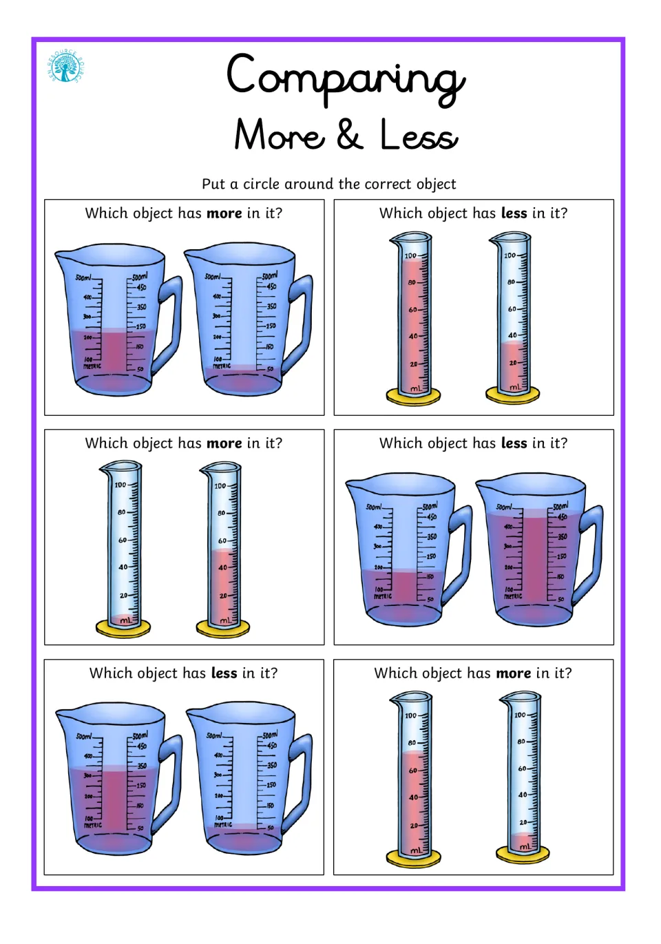 More and less: students circle the container with more or less liquid in 6 pairs of colored measuring jugs and cylinders