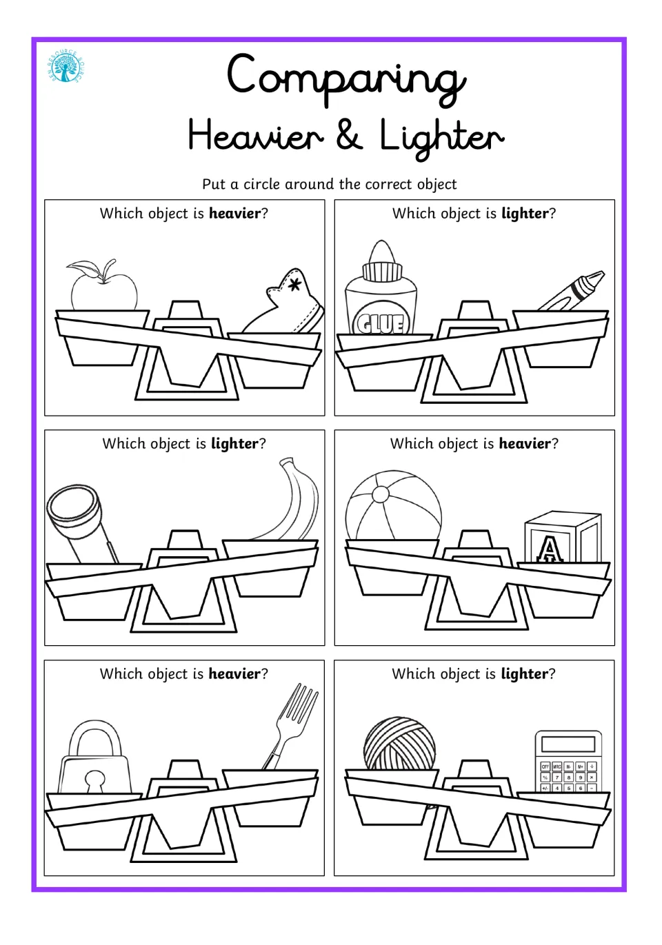 Heavier and lighter: students read tipped balance scales and circle the heavier or lighter item, such as apple vs. shoe