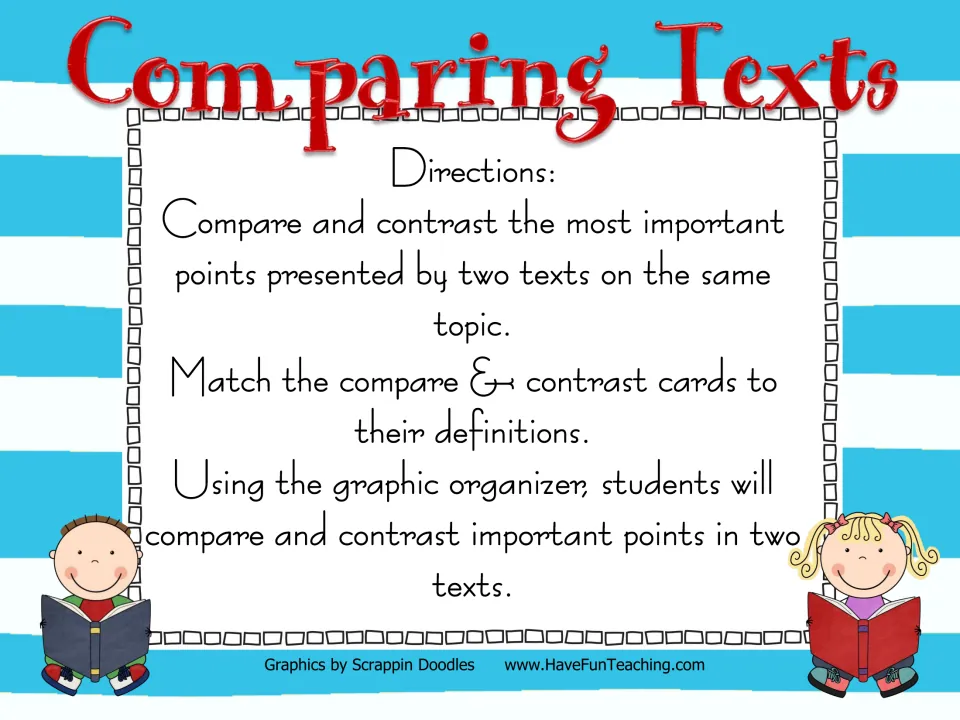 Comparing Texts directions: match compare and contrast cards to definitions, then use an organizer to compare two texts