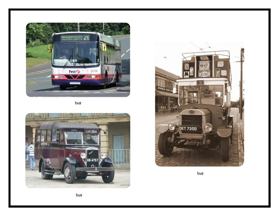 Buses old and new: three labelled photos of a modern city bus, a vintage maroon coach and a sepia double-decker