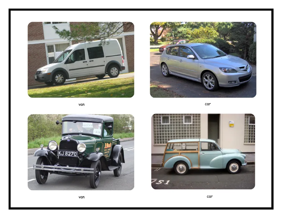 Vans and cars then and now: photos of a modern white van, a vintage green van, a silver hatchback and a wood-trim car
