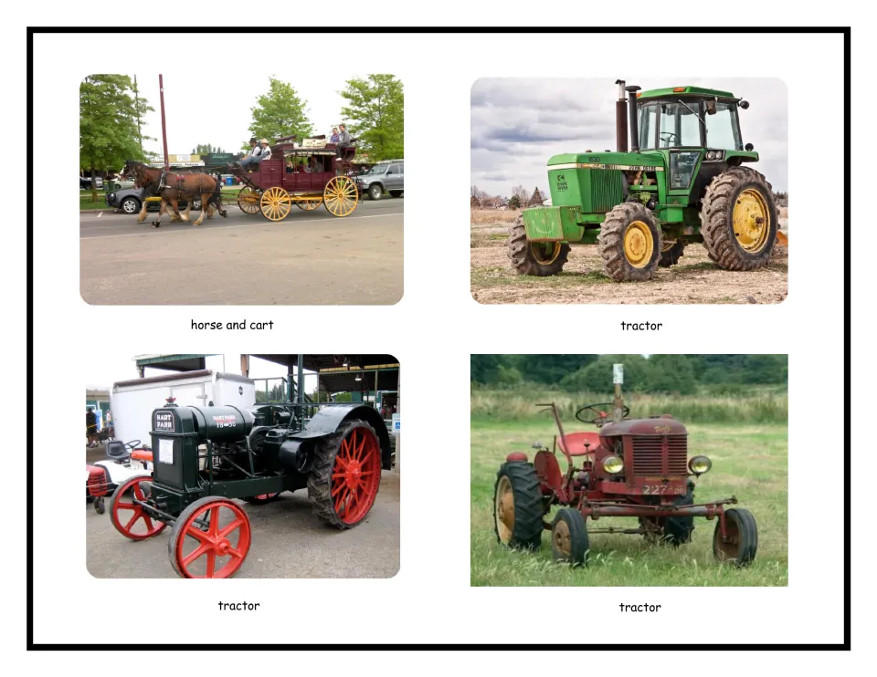 Farm and road transport: labelled photos of a horse and cart, a modern green tractor and two vintage tractors
