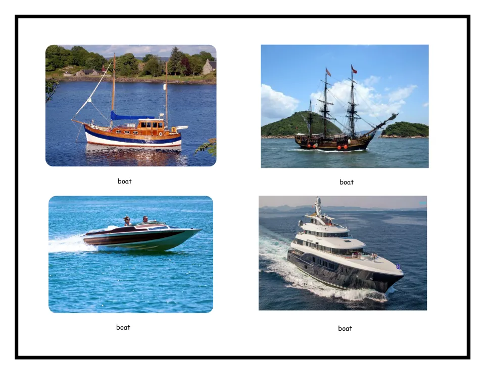 Boats old and new: four labelled photos of a wooden sailing boat, a tall ship, a speedboat and a modern motor yacht