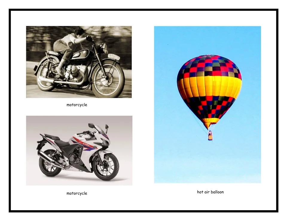 Motorcycles and flight: a sepia photo of a vintage motorcycle, a modern sport motorcycle and a hot air balloon in the sky