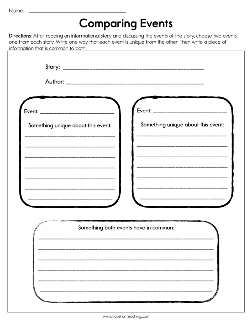 Event comparison worksheet: identify two events, explain what makes each unique, and note what both share.