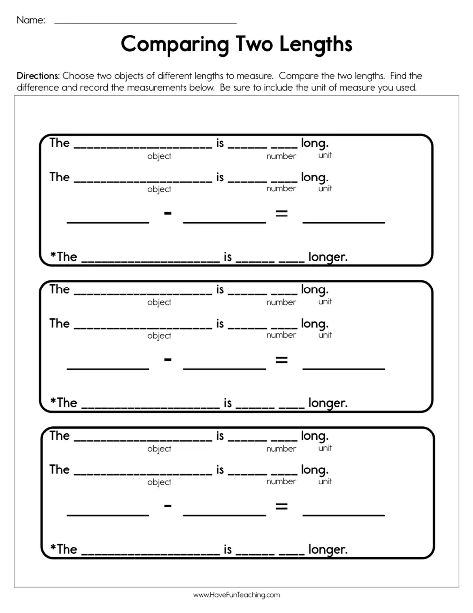Measuring length: students measure two objects, record each length with units, subtract and tell which is longer in 3 sets