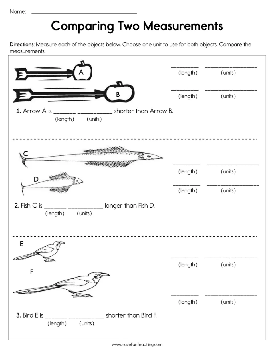 Comparing lengths: students measure two arrows, two fish and two birds in one unit, then write how much shorter or longer