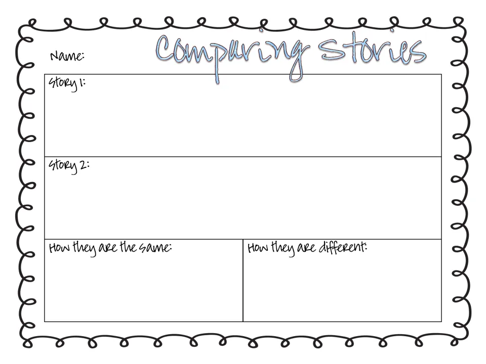 Story comparison organizer: students name Story 1 and Story 2, then list how they are the same and how they are different