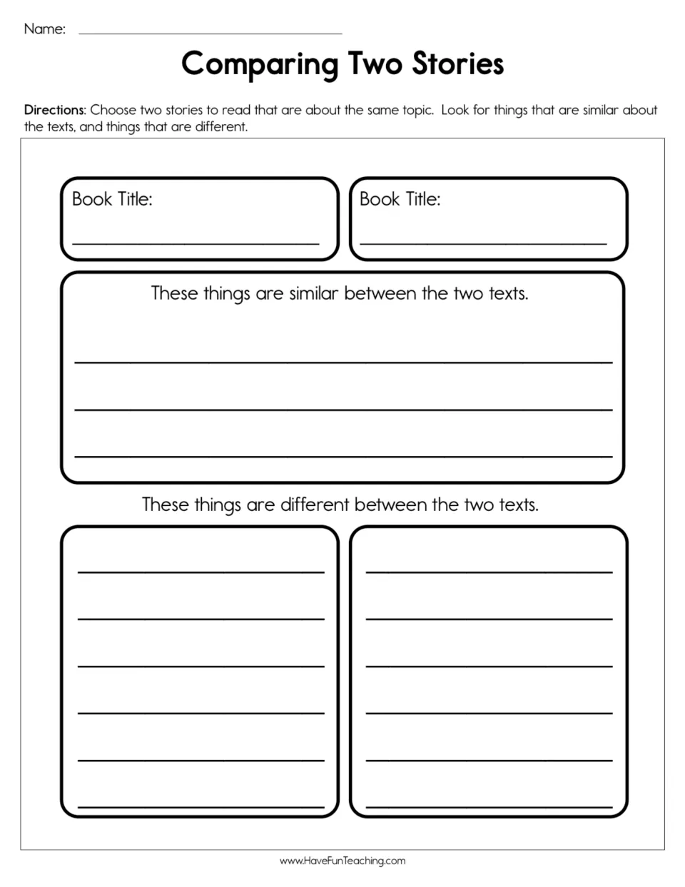 Story comparison worksheet for two books on the same topic, identifying similarities and differences.