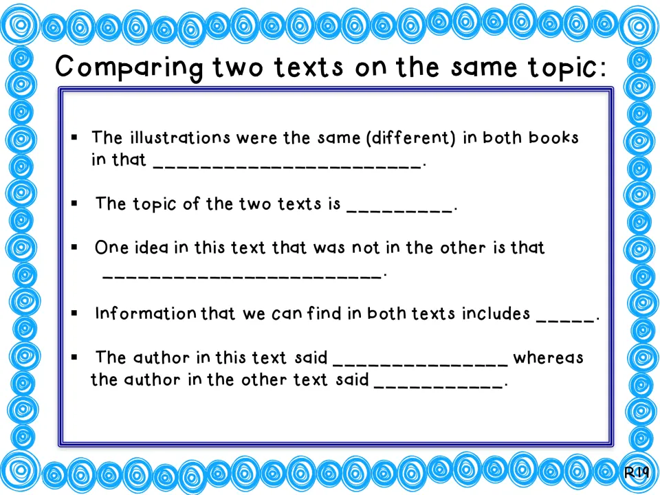 Sentence frames for comparing two texts: students finish stems on illustrations, topic, unique ideas and each author's view