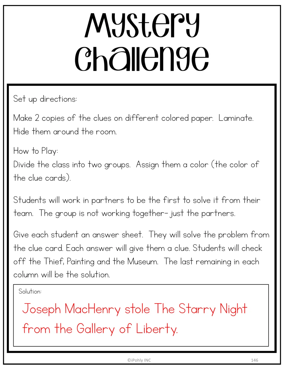 Teacher directions: hide two colored sets of clue cards; partners solve each clue to find the thief. Solution shown in red