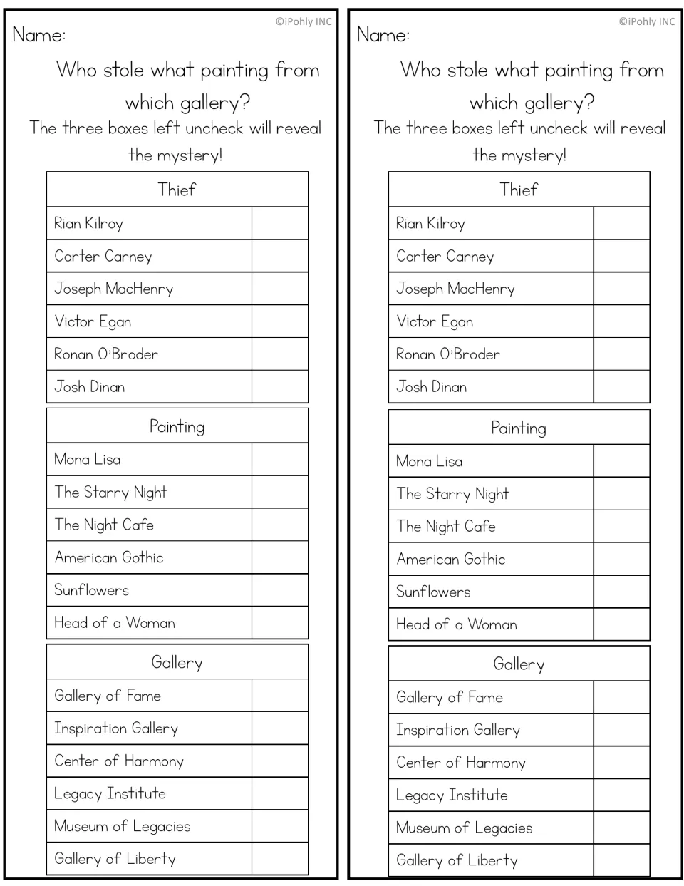 Student answer sheets, two per page: check off thieves, paintings and galleries until one of each is left unchecked