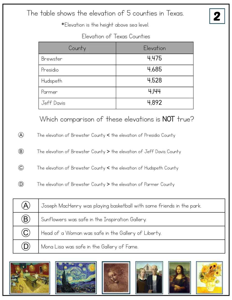Clue card 2: students compare elevations of five Texas counties and find the comparison that is NOT true