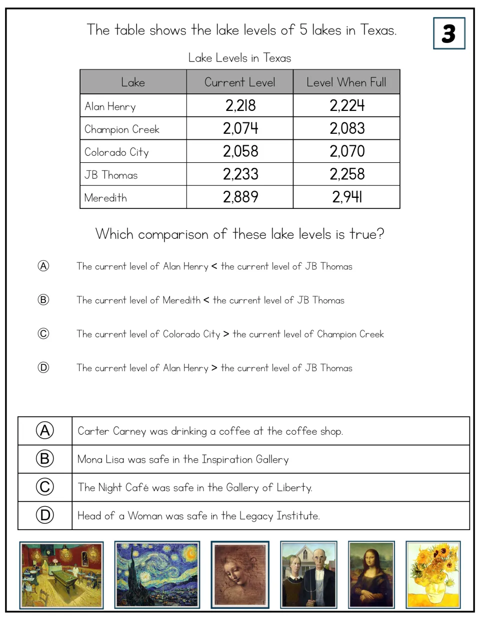 Clue card 3: students compare current levels of five Texas lakes using < and > to pick the true comparison