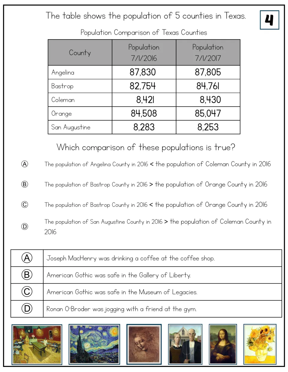 Clue card 4: students compare 2016 populations across Texas counties, such as Bastrop and Orange, to pick the true one