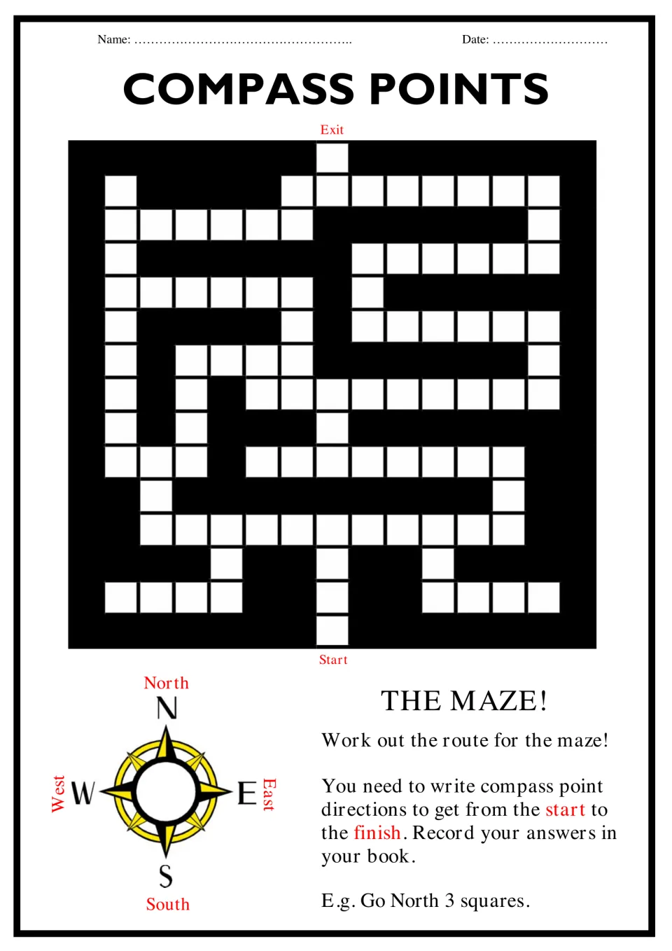Compass points maze: students find the route from Start to Exit and write directions such as Go North 3 squares