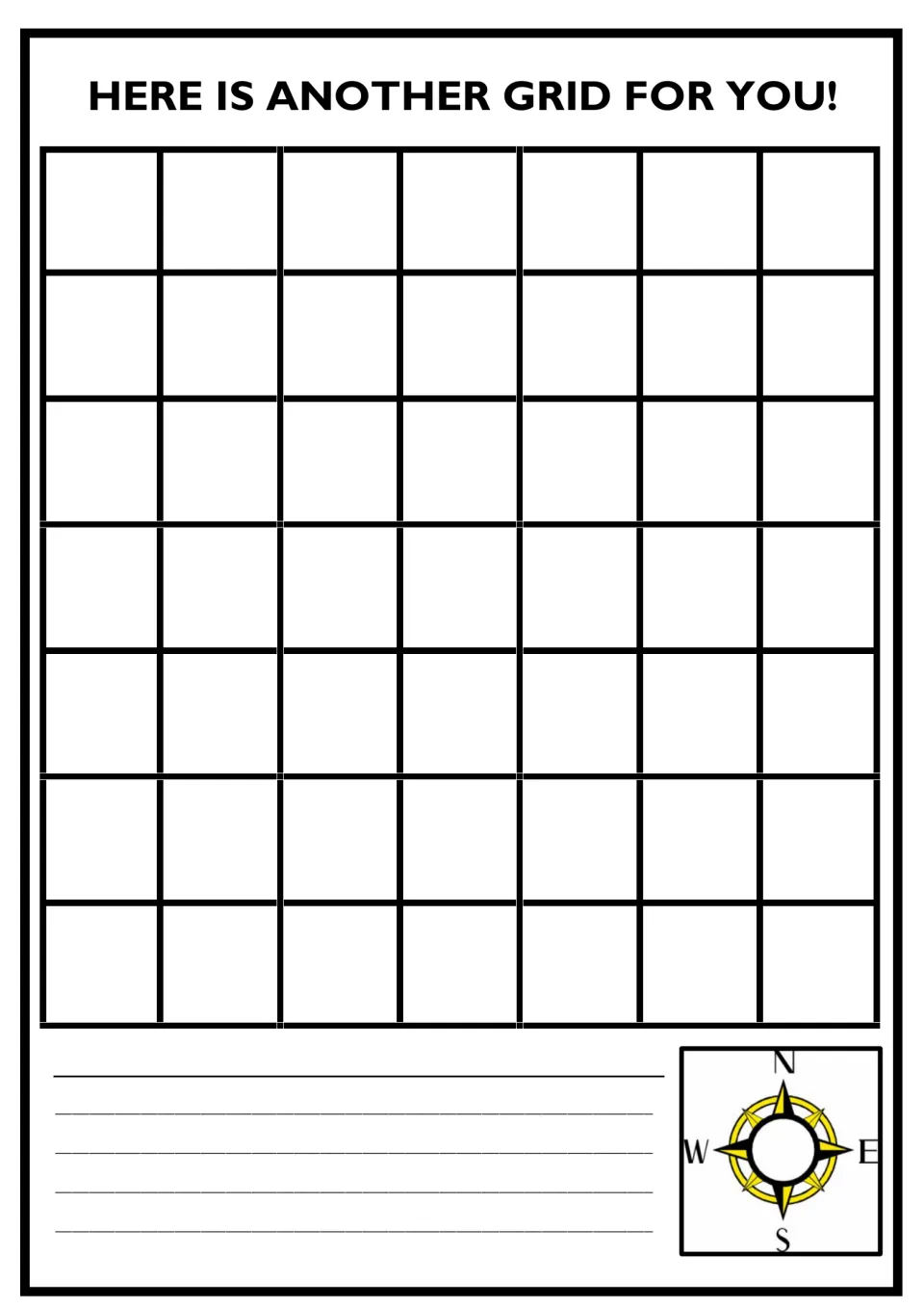 Second make-your-own map: a blank 7 by 7 plan with compass rose for drawing a map and writing direction questions