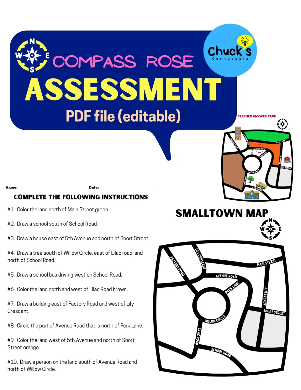 Cover of the compass rose assessment, showing the small town map, direction tasks, and teacher answer page.