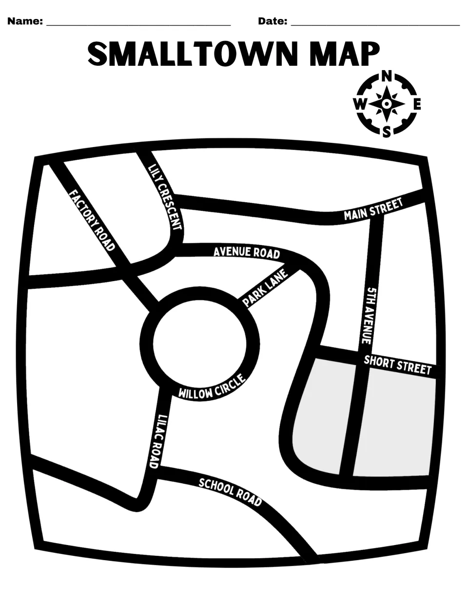 Student assessment map titled Small Town Map, with a compass rose, Willow Circle, and named streets.