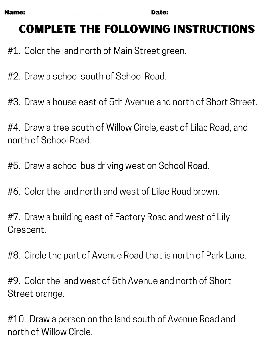 American spelling version of the 10 map directions: color land, draw landmarks, and circle part of Avenue Road.