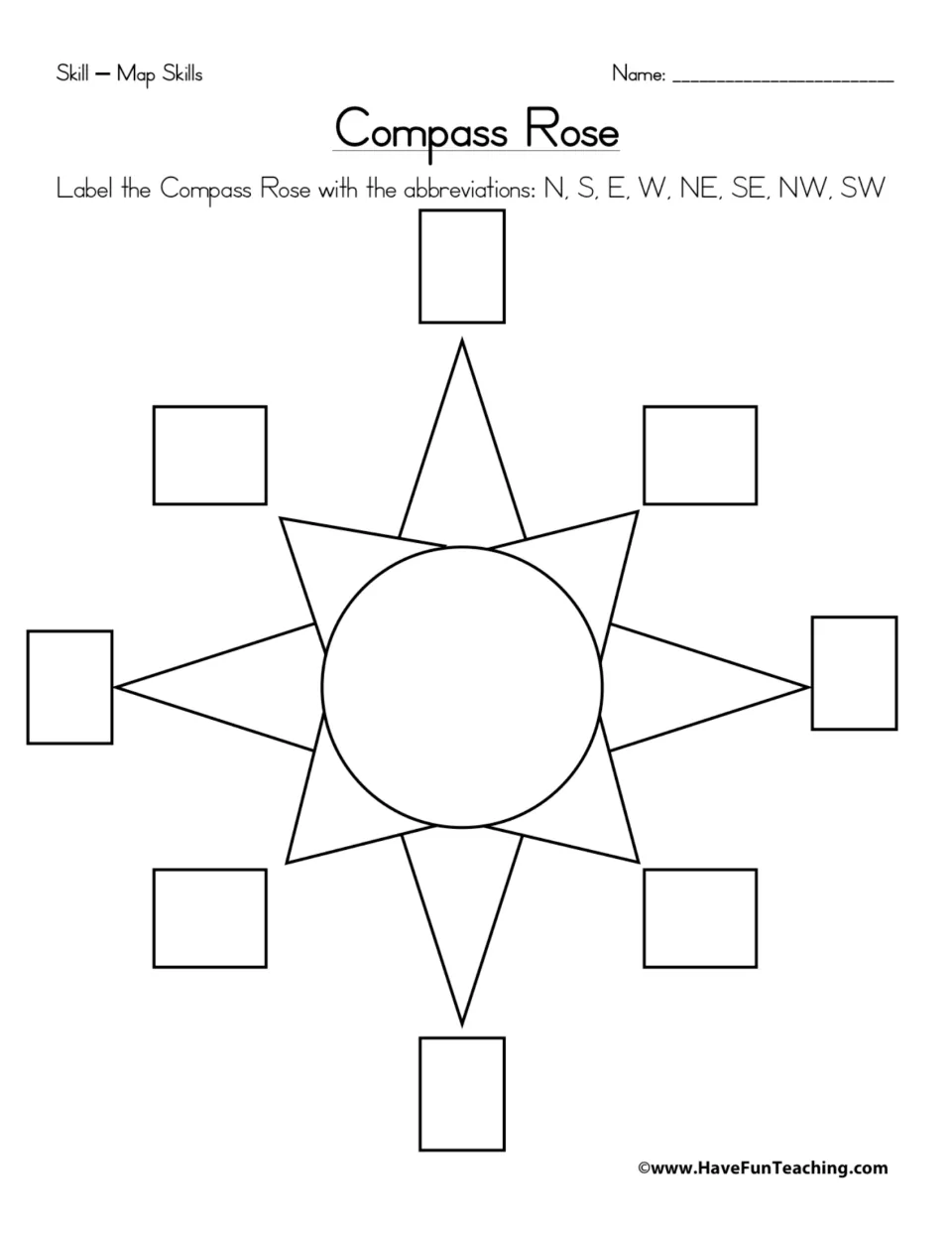 Compass rose map skills: students label all eight points with the abbreviations N, S, E, W, NE, SE, NW and SW