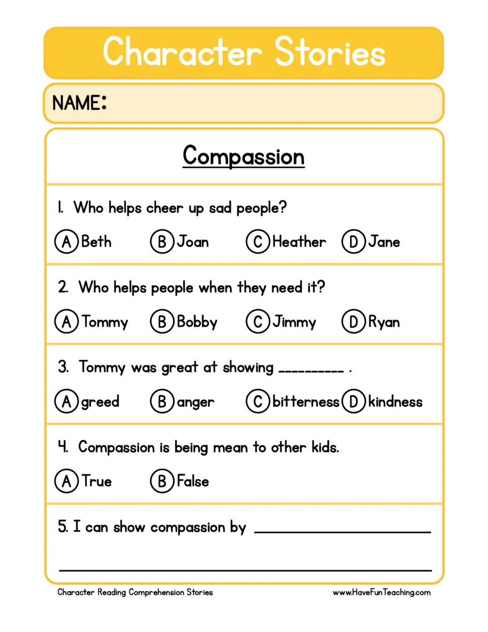 Five compassion questions: identify Heather and Tommy, recognize kindness, and give a personal example.