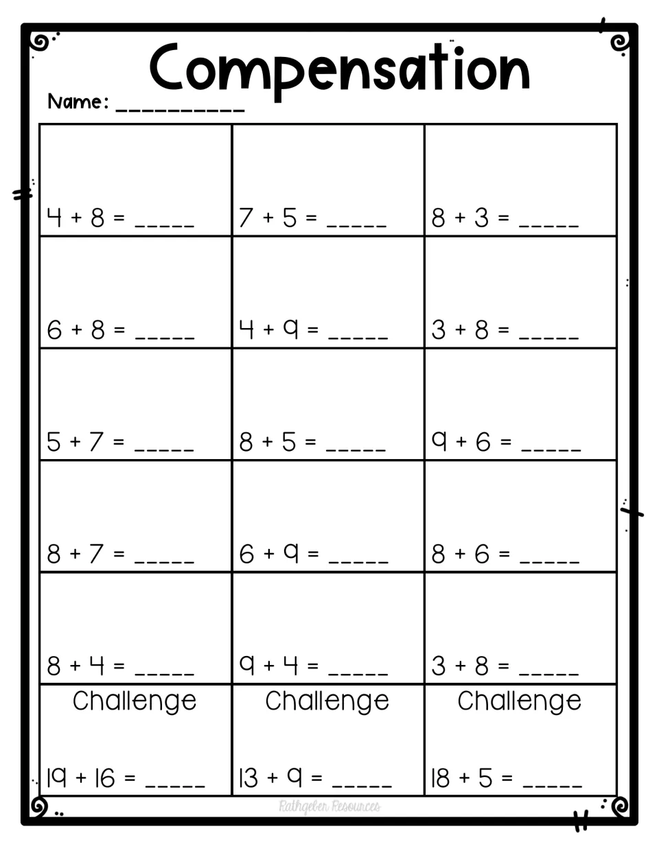Compensation addition: students solve 15 single-digit sums like 4 + 8 and 9 + 6, plus challenge problems such as 19 + 16