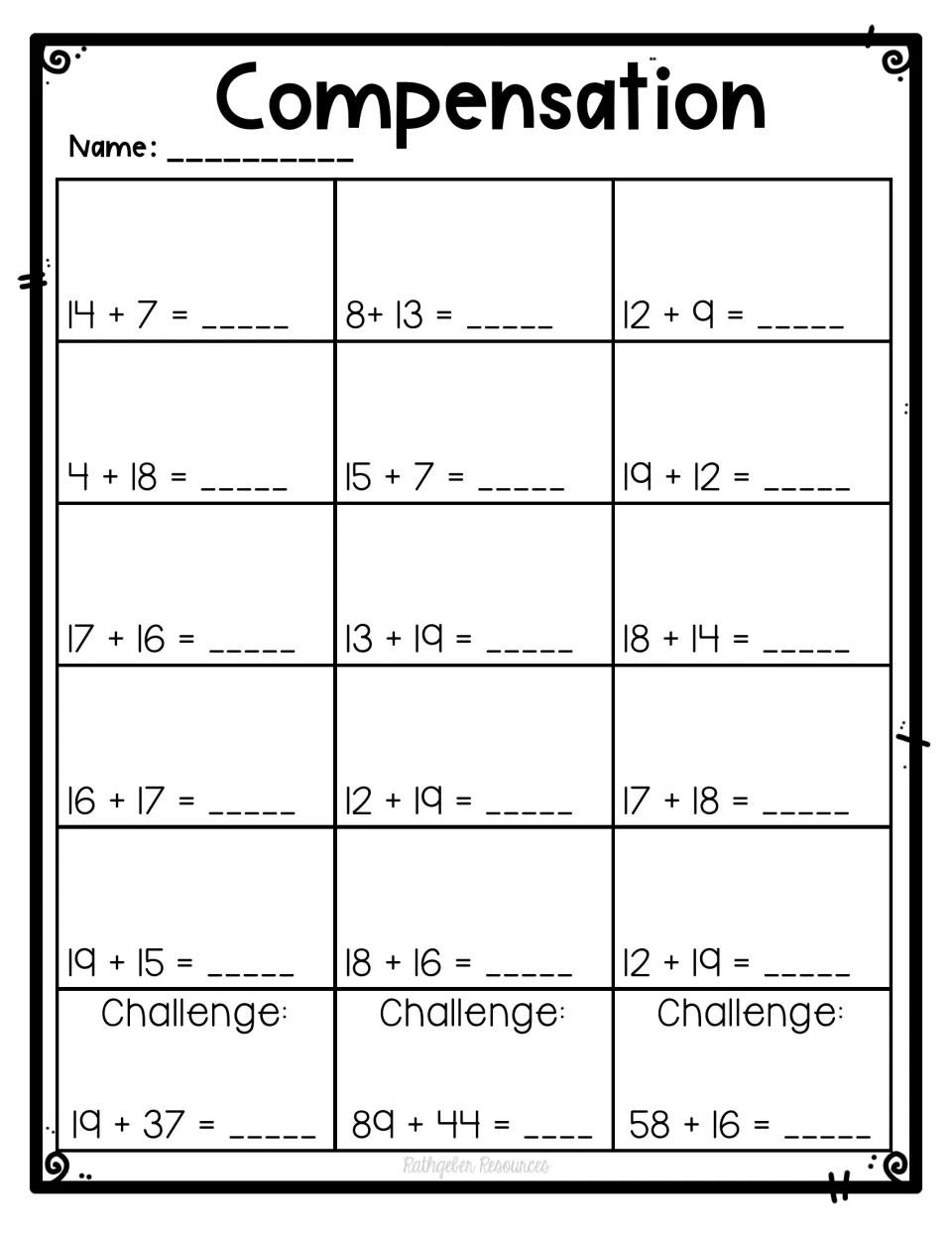 Compensation with teen numbers: students add 15 sums like 14 + 7 and 17 + 18, then challenge sums such as 89 + 44