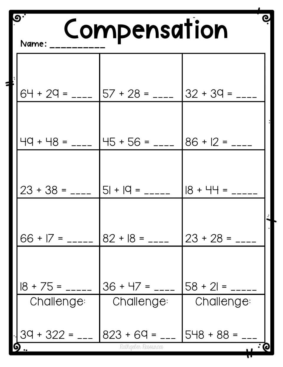 Compensation with two-digit addends: students solve 15 sums like 64 + 29 and 45 + 56, with challenges such as 823 + 69