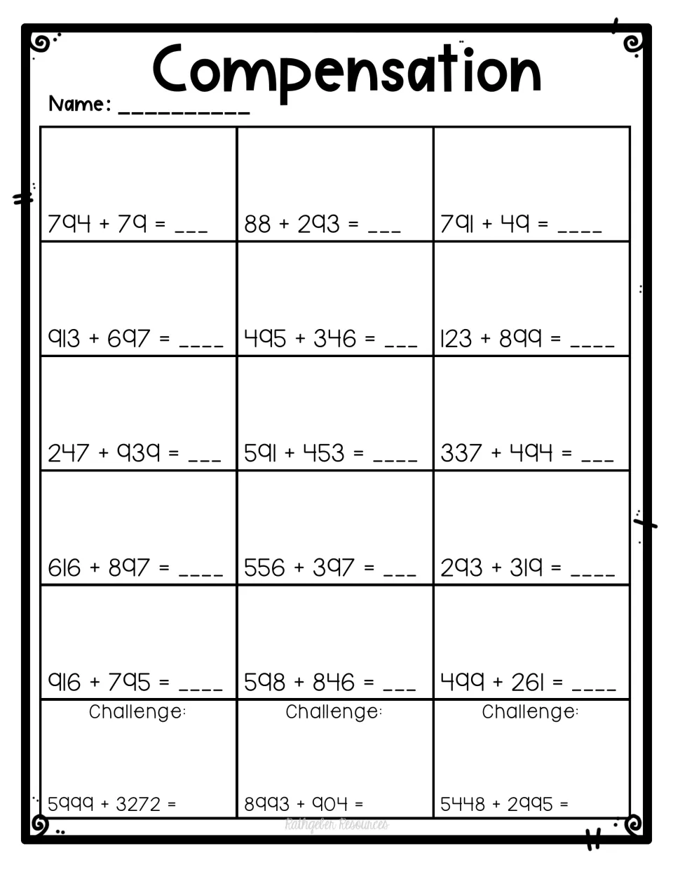 Compensation with three-digit addends: students solve 15 sums like 913 + 697, plus four-digit challenges like 5999 + 3272