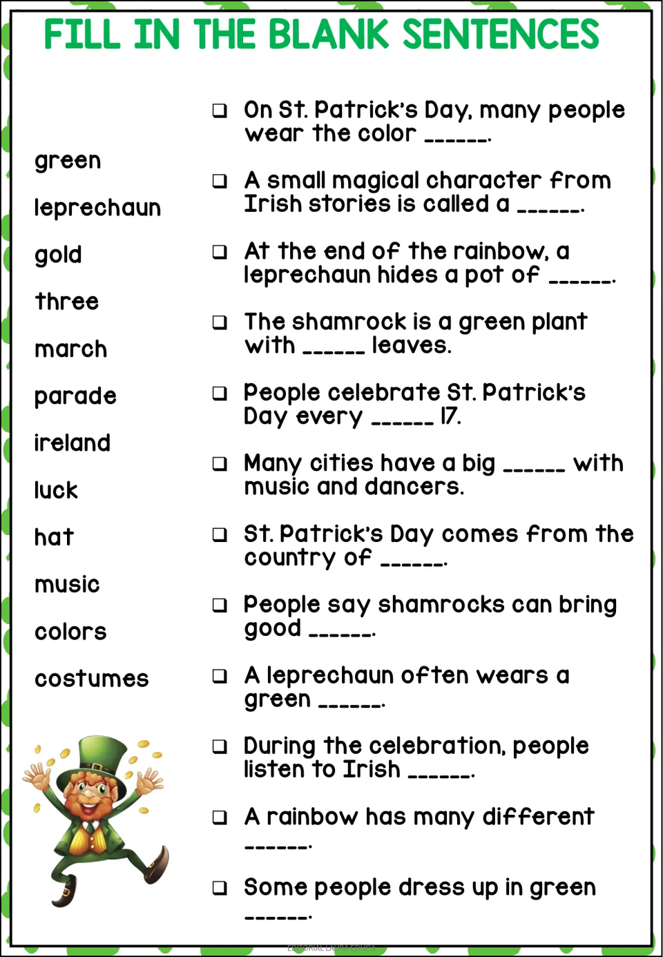 First sentence-completion worksheet: 12 St. Patrick’s Day prompts and a word bank including green and gold