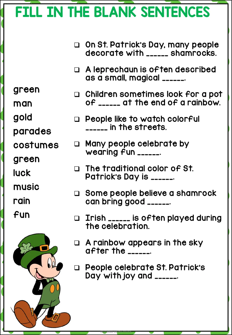 Second sentence-completion worksheet: 10 St. Patrick’s Day prompts about shamrocks, parades, music, and rain