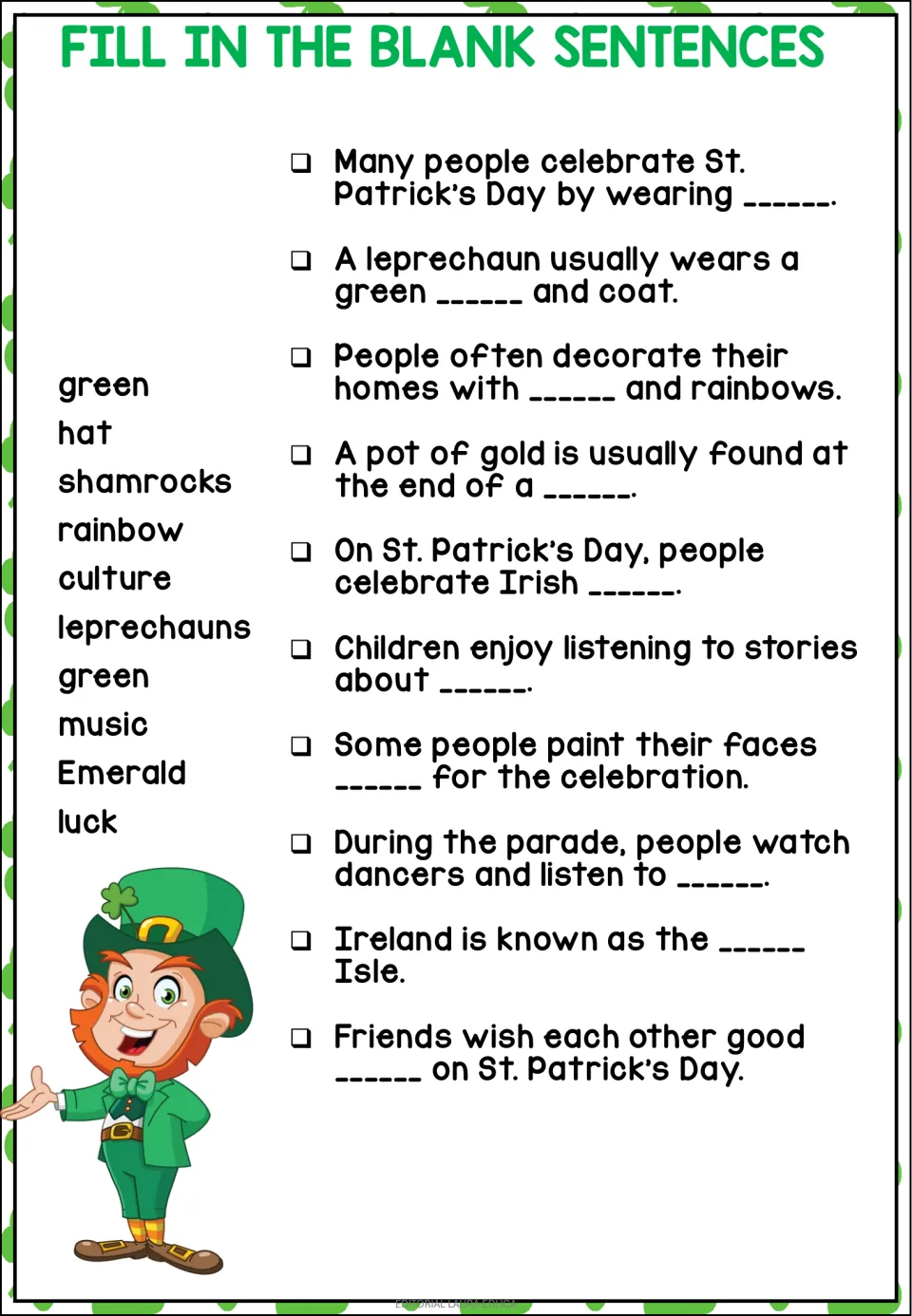 Third sentence-completion worksheet: 10 prompts about St. Patrick’s Day, Irish culture, and the Emerald Isle