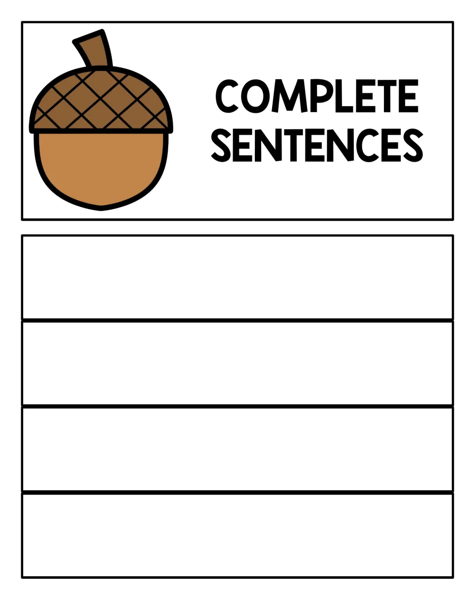 Complete sentences sorting mat with an acorn picture, where students place the cut-out strips that are full sentences