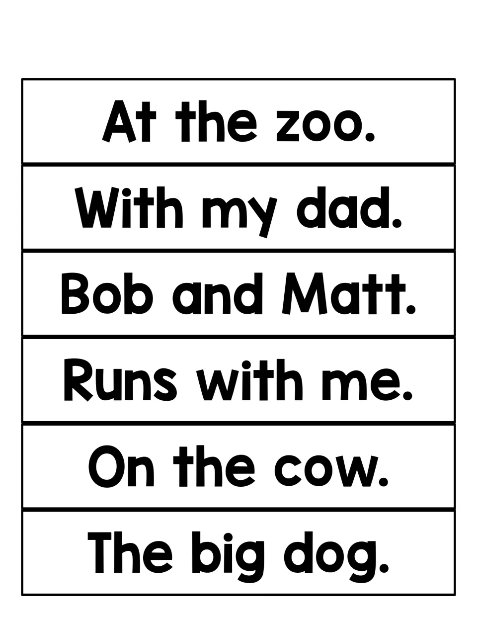 Six sentence fragment strips to cut and sort, including At the zoo, With my dad, Runs with me and The big dog