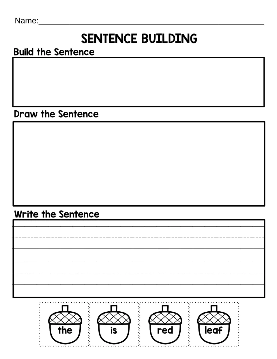 Sentence building: students cut out acorn words the, is, red and leaf, build the sentence, draw it and write it