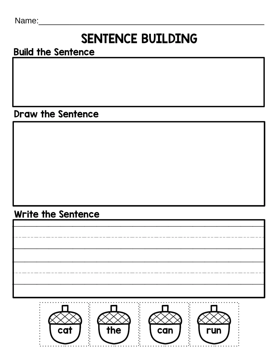 Sentence building word order: students arrange acorn cards cat, the, can and run, draw the sentence and write it