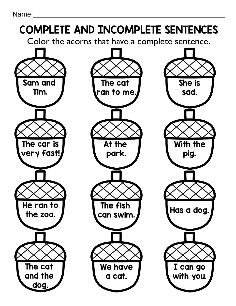 Complete vs incomplete sentences: students color only the acorns with full sentences, like She is sad, not At the park