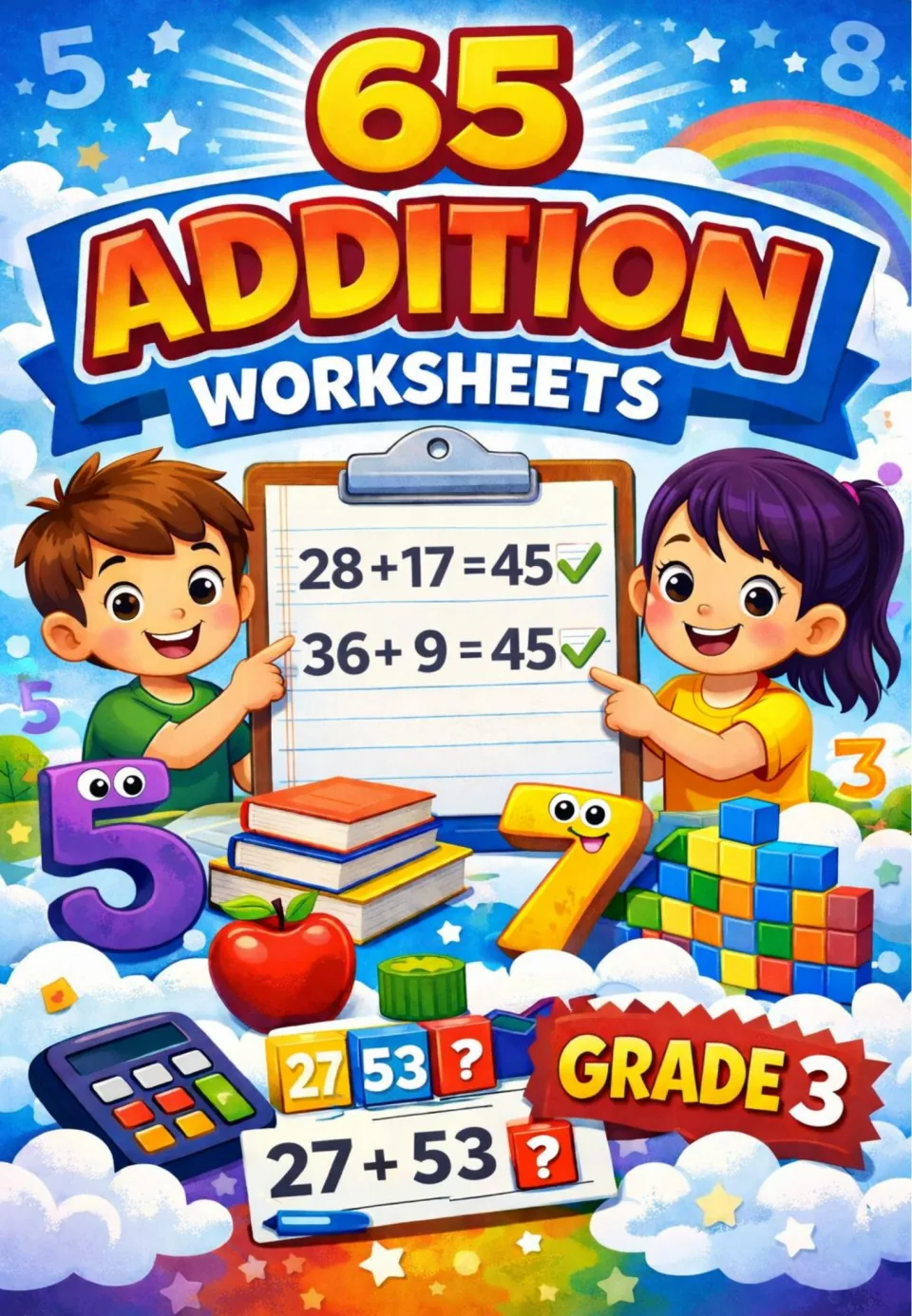 Cover for 65 Addition Worksheets showing two children pointing at sums like 28 + 17 = 45 on a clipboard
