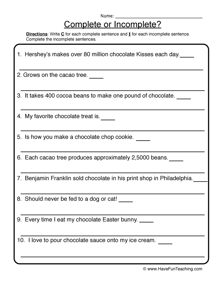 Complete Incomplete Chocolate Sentences Worksheet teaching resource preview