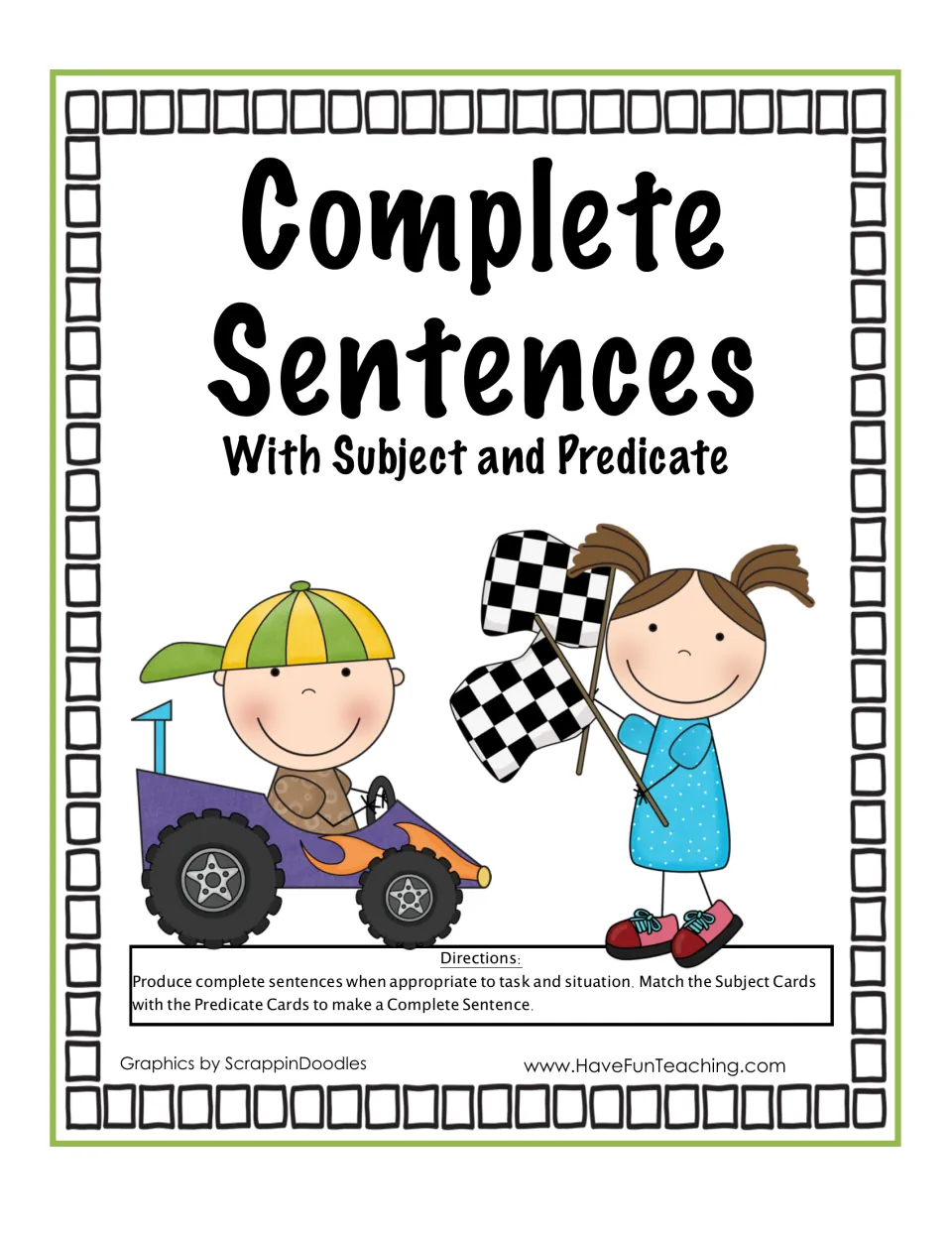 Complete sentences cover: students match subject cards to predicate cards; a boy drives a race car as a girl waves flags