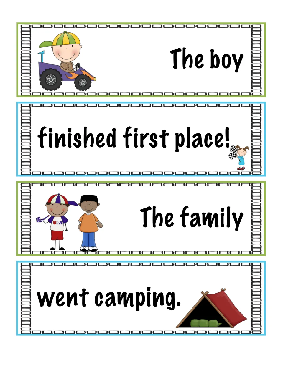 Subject and predicate cards: The boy, finished first place!, The family and went camping, for matching into sentences