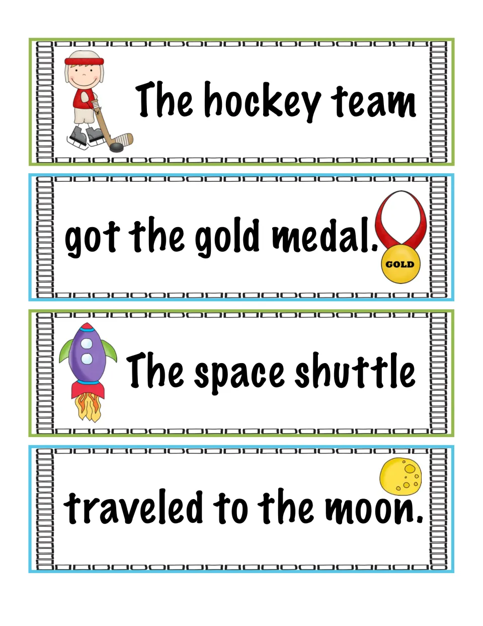 Sentence-building cards: subjects The hockey team and The space shuttle with predicates about a gold medal and the moon