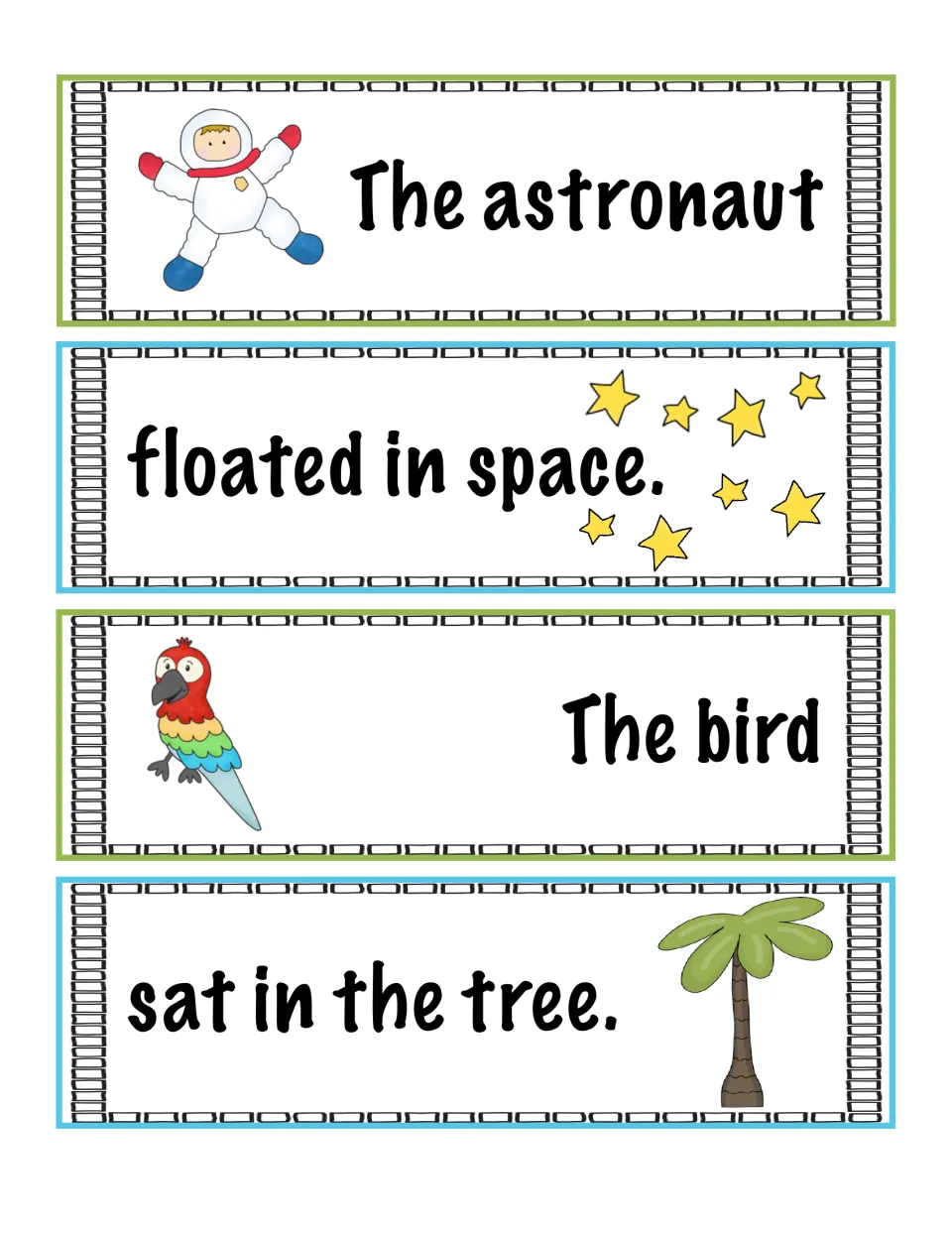 Matching subjects to predicates: cards read The astronaut, floated in space., The bird and sat in the tree.