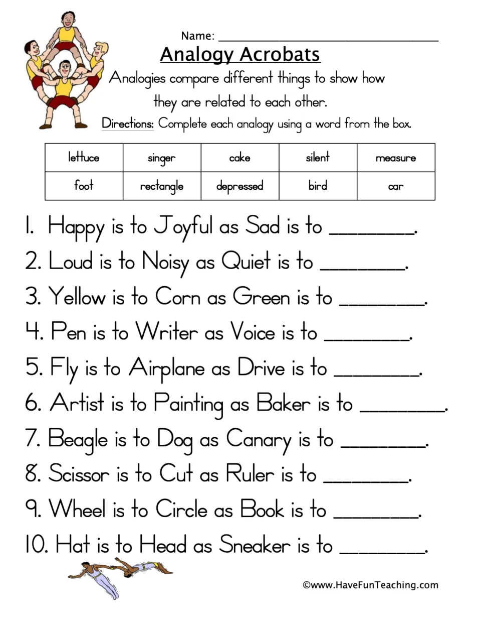 Analogy Acrobats: students complete 10 analogies like Happy is to Joyful as Sad is to ___ using a 10-word bank