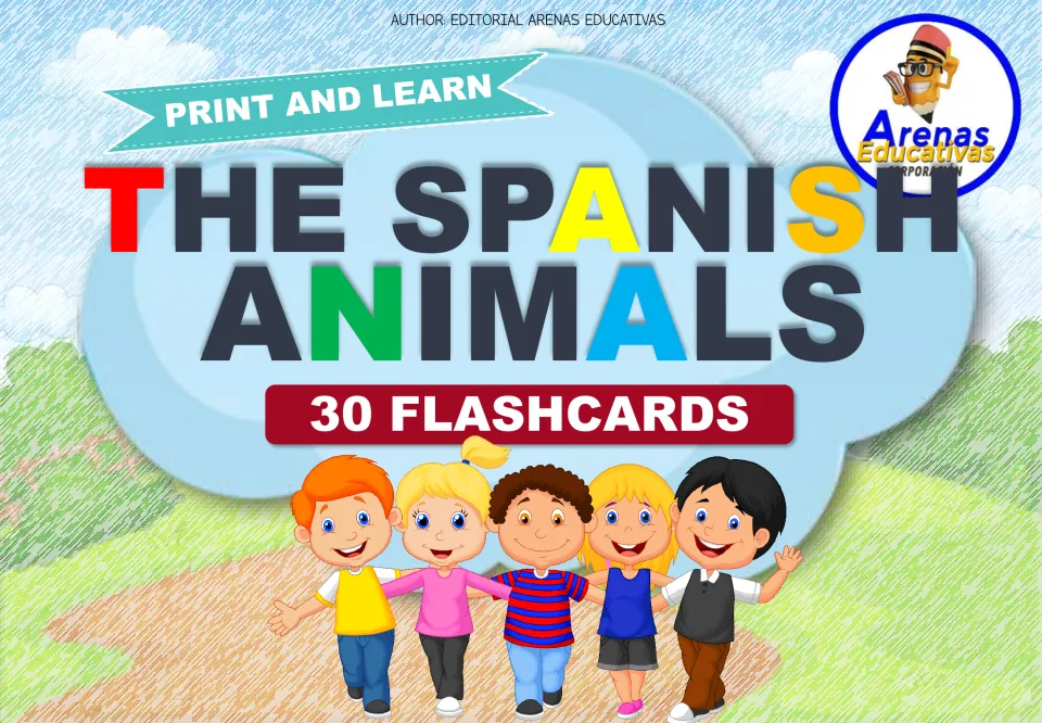 The Spanish Animals cover: Print and Learn set of 30 flashcards, shown with five smiling cartoon children on a path