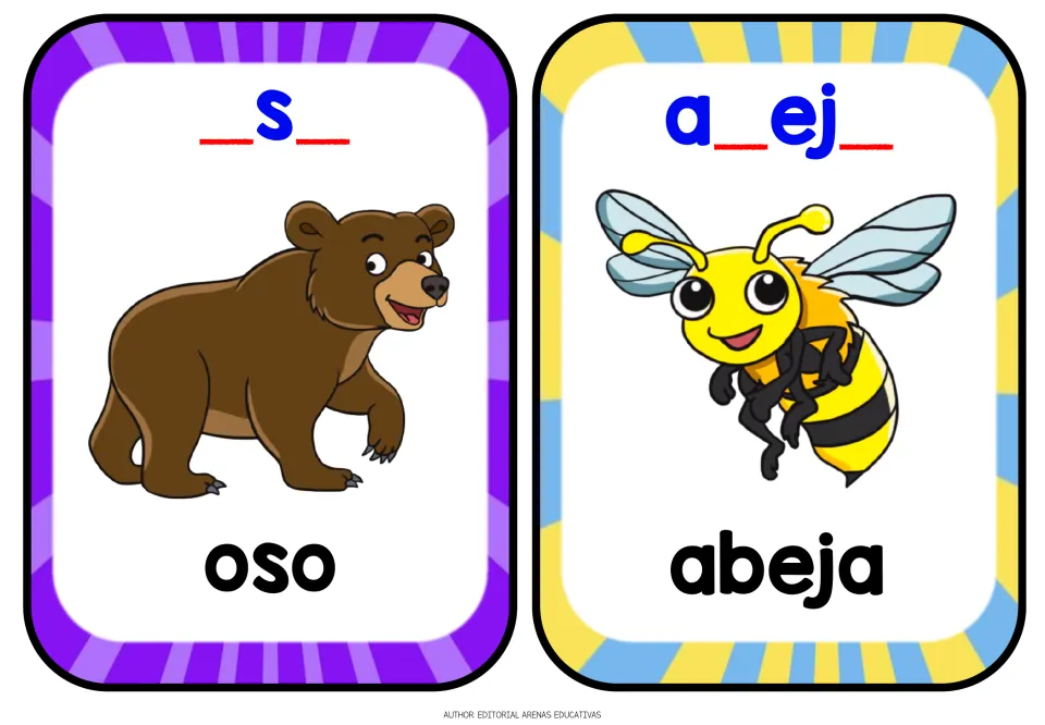 Spanish flashcards for oso (bear) and abeja (bee): students fill missing letters in _s_ and a_ej_ to spell each name